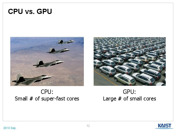 CPU vs. GPU CPU: GPU: Small # of super-fast cores 2010 Sep. Large #