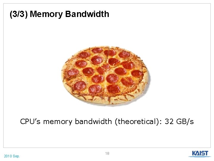 (3/3) Memory Bandwidth CPU’s memory bandwidth (theoretical): 32 GB/s 2010 Sep. 18 