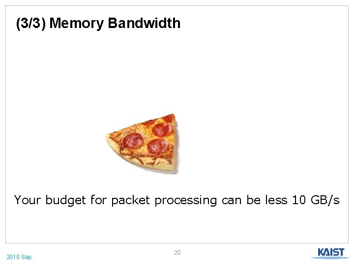 (3/3) Memory Bandwidth Your budget for packet processing can be less 10 GB/s 2010