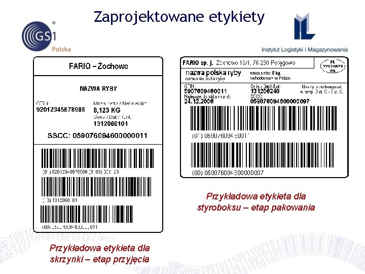 Zaprojektowane etykiety Przykładowa etykieta dla styroboksu – etap pakowania Przykładowa etykieta dla skrzynki –