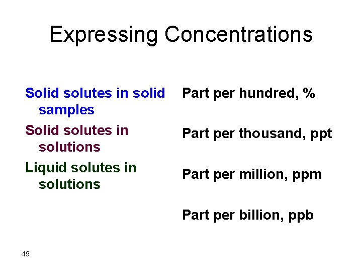 Expressing Concentrations Solid solutes in solid Part per hundred, % samples Solid solutes in
