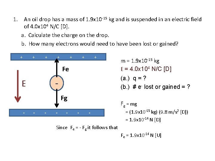 1. An oil drop has a mass of 1. 9 x 10 -15 kg