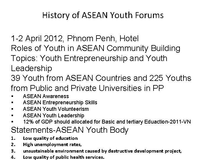 History of ASEAN Youth Forums 1 -2 April 2012, Phnom Penh, Hotel Roles of