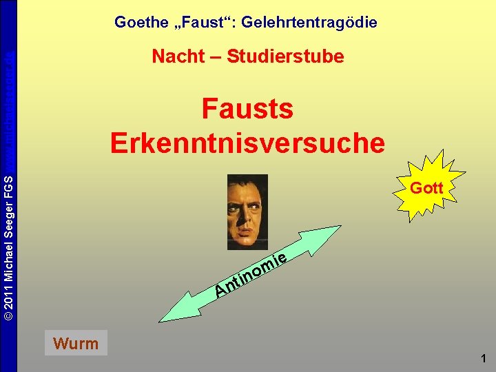 Goethe „Faust“: Gelehrtentragödie © 2011 Michael Seeger FGS www. michaelseeger. de Nacht – Studierstube Goethe „Faust“: Gelehrtentragödie © 2011 Michael Seeger FGS www. michaelseeger. de Nacht – Studierstube