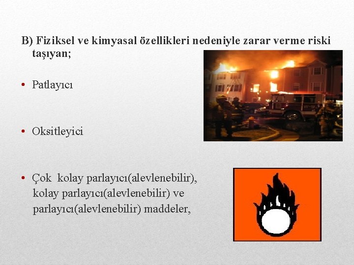 B) Fiziksel ve kimyasal özellikleri nedeniyle zarar verme riski taşıyan; • Patlayıcı • Oksitleyici