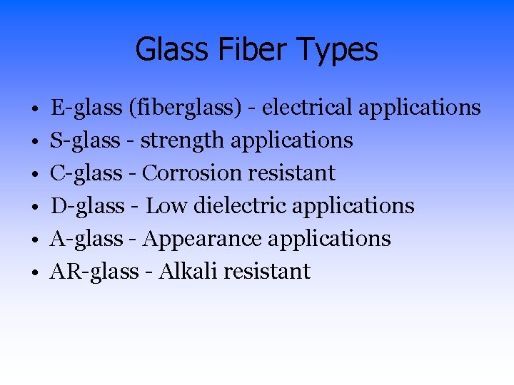 Glass Fiber Types • • • E-glass (fiberglass) - electrical applications S-glass - strength