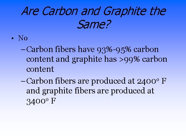 Are Carbon and Graphite the Same? • No – Carbon fibers have 93%-95% carbon