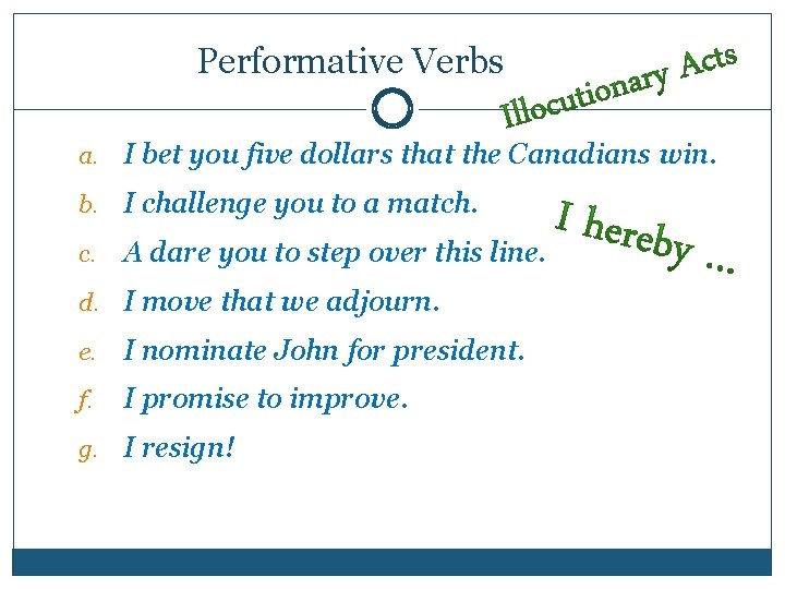 Performative Verbs a. I bet you five dollars that the Canadians win. b. I