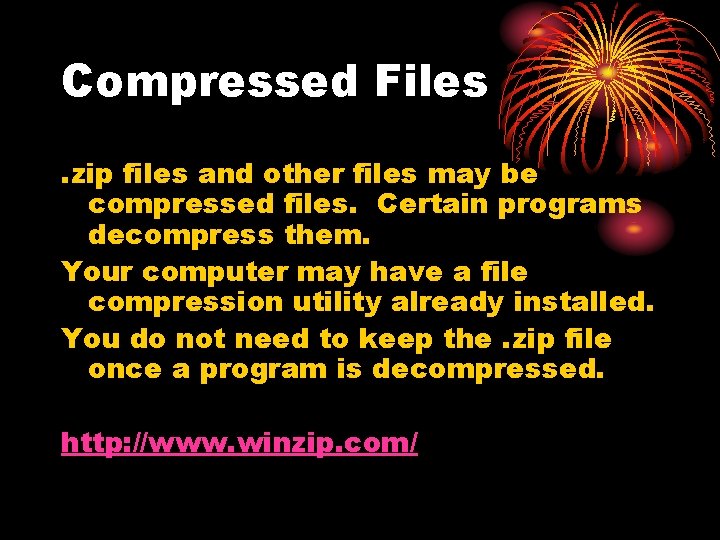 Compressed Files. zip files and other files may be compressed files. Certain programs decompress