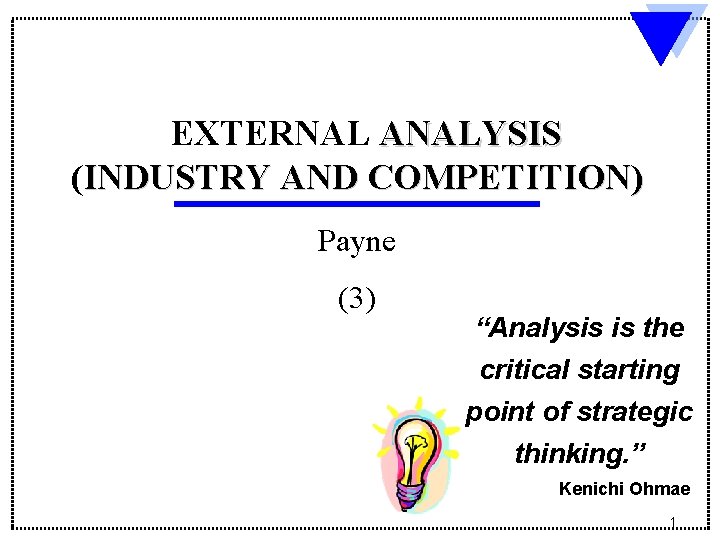 EXTERNAL ANALYSIS (INDUSTRY AND COMPETITION) Payne (3) “Analysis is the critical starting point of EXTERNAL ANALYSIS (INDUSTRY AND COMPETITION) Payne (3) “Analysis is the critical starting point of