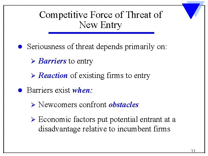 Competitive Force of Threat of New Entry l l Seriousness of threat depends primarily Competitive Force of Threat of New Entry l l Seriousness of threat depends primarily