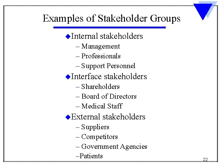 Examples of Stakeholder Groups u. Internal stakeholders – Management – Professionals – Support Personnel Examples of Stakeholder Groups u. Internal stakeholders – Management – Professionals – Support Personnel