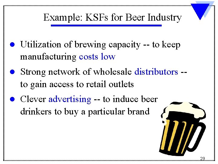 Example: KSFs for Beer Industry l Utilization of brewing capacity -- to keep manufacturing Example: KSFs for Beer Industry l Utilization of brewing capacity -- to keep manufacturing