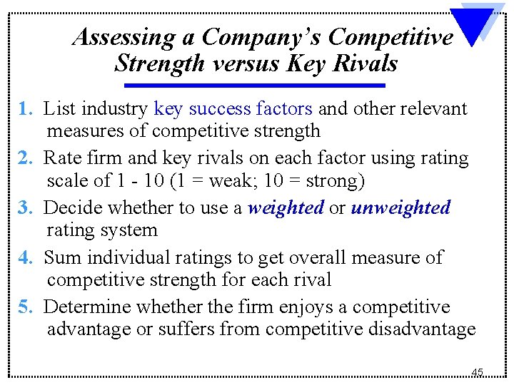 Assessing a Company’s Competitive Strength versus Key Rivals 1. List industry key success factors Assessing a Company’s Competitive Strength versus Key Rivals 1. List industry key success factors