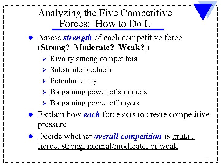 Analyzing the Five Competitive Forces: How to Do It l Assess strength of each Analyzing the Five Competitive Forces: How to Do It l Assess strength of each