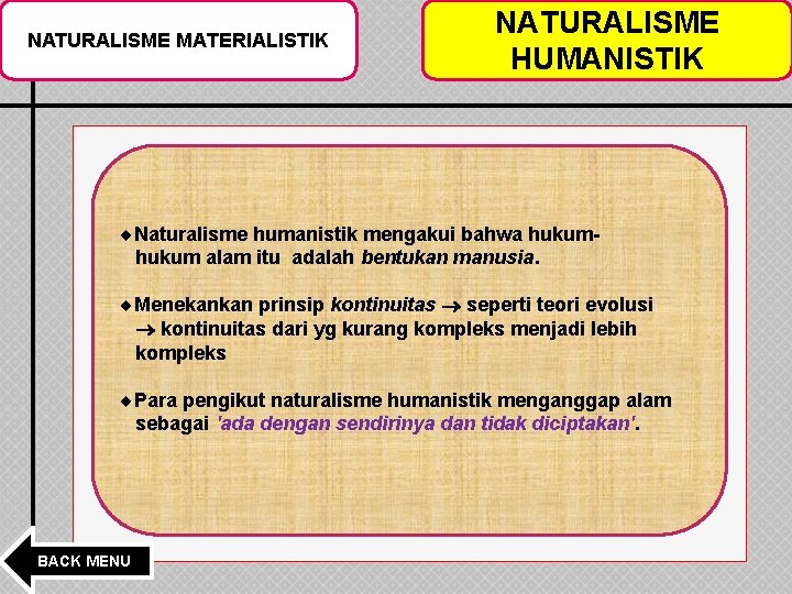 NATURALISME MATERIALISTIK NATURALISME HUMANISTIK Naturalisme humanistik mengakui bahwa hukum alam itu adalah bentukan manusia.