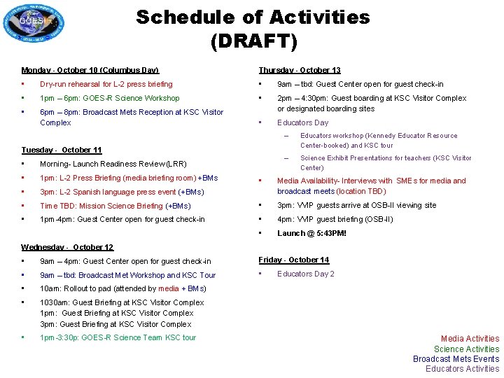 Schedule of Activities (DRAFT) Monday - October 10 (Columbus Day) Thursday - October 13