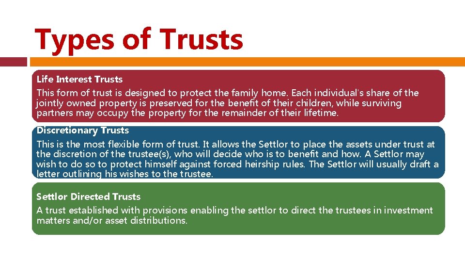 Types of Trusts Life Interest Trusts This form of trust is designed to protect