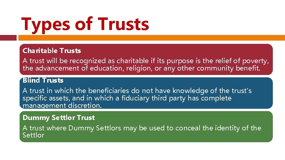 Types of Trusts Charitable Trusts A trust will be recognized as charitable if its