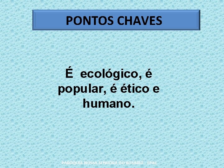 PONTOS CHAVES É ecológico, é popular, é ético e humano. PARÓQUIA NOSSA SENHORA DO