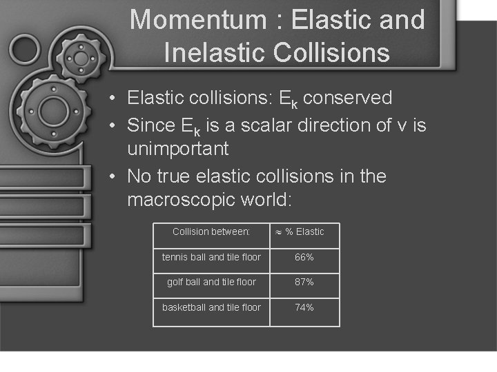 Momentum : Elastic and Inelastic Collisions • Elastic collisions: Ek conserved • Since Ek