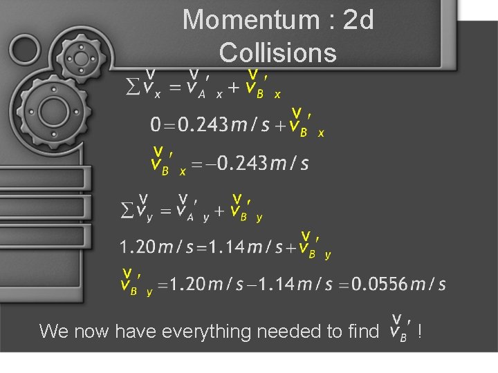 Momentum : 2 d Collisions We now have everything needed to find ! 