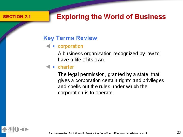 SECTION 2. 1 Exploring the World of Business Key Terms Review § corporation A SECTION 2. 1 Exploring the World of Business Key Terms Review § corporation A
