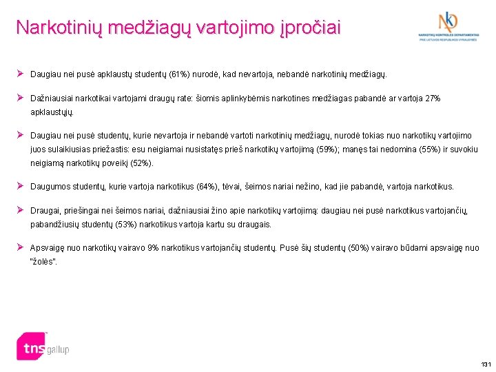 Narkotinių medžiagų vartojimo įpročiai Ø Daugiau nei pusė apklaustų studentų (61%) nurodė, kad nevartoja,