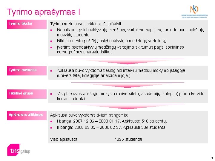 Tyrimo aprašymas I Tyrimo tikslai Tyrimo metu buvo siekiama išsiaiškinti: n išanalizuoti psichoaktyviųjų medžiagų