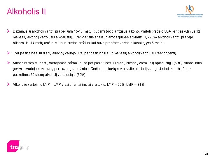 Alkoholis II Ø Dažniausiai alkoholį vartoti pradedama 15 -17 metų: būdami tokio amžiaus alkoholį