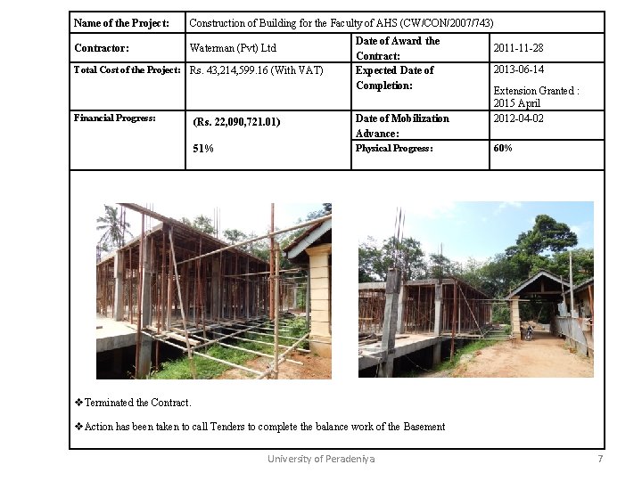 Name of the Project: Construction of Building for the Faculty of AHS (CW/CON/2007/743) Contractor: