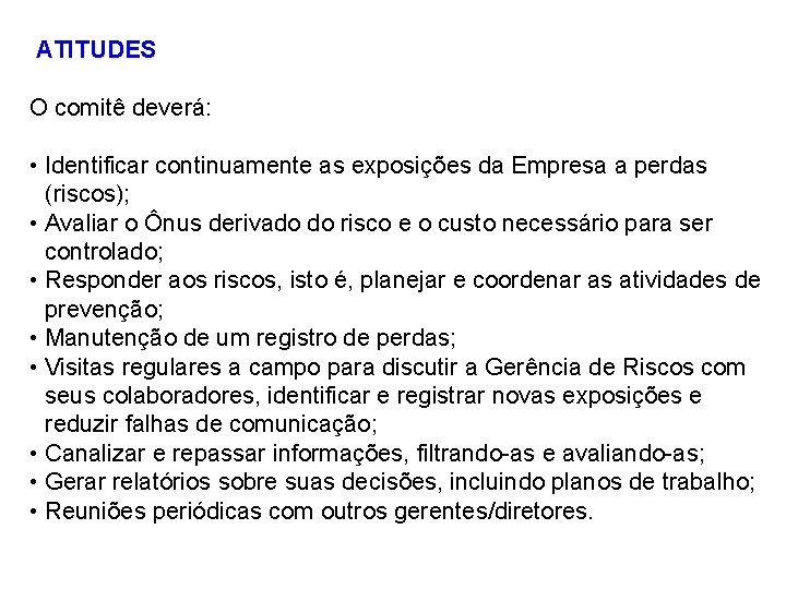 ATITUDES O comitê deverá: • Identificar continuamente as exposições da Empresa a perdas (riscos);