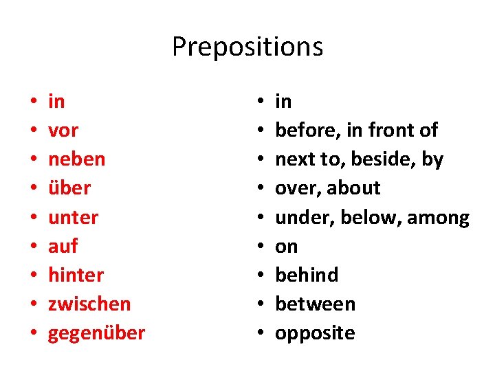Prepositions • • • in vor neben über unter auf hinter zwischen gegenüber •
