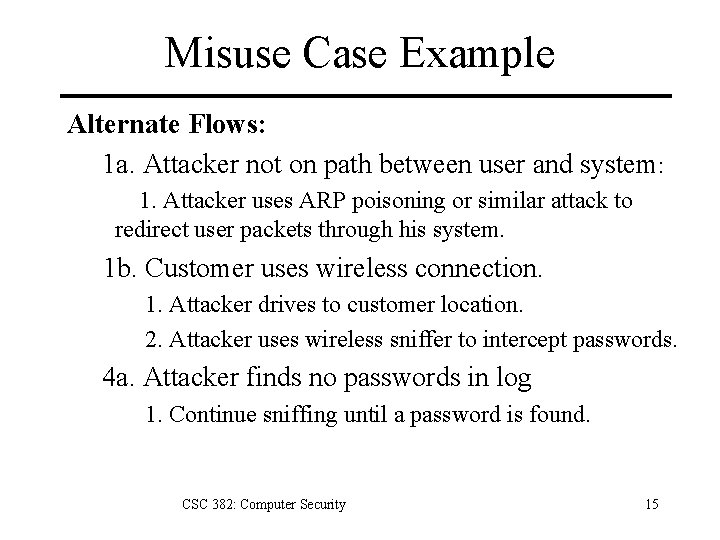 Misuse Case Example Alternate Flows: 1 a. Attacker not on path between user and