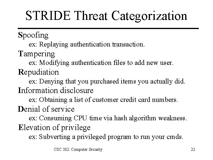 STRIDE Threat Categorization Spoofing ex: Replaying authentication transaction. Tampering ex: Modifying authentication files to