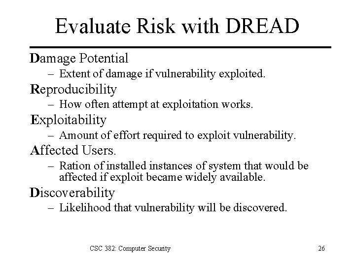 Evaluate Risk with DREAD Damage Potential – Extent of damage if vulnerability exploited. Reproducibility