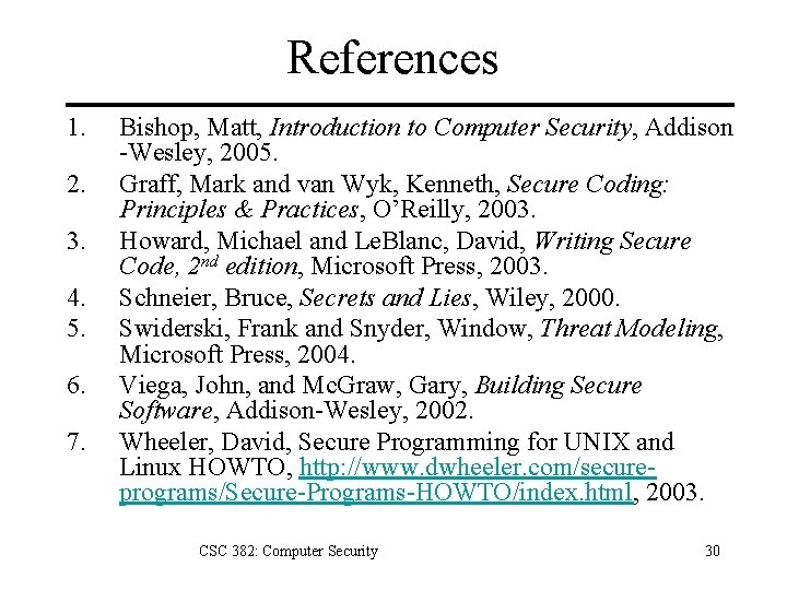 References 1. 2. 3. 4. 5. 6. 7. Bishop, Matt, Introduction to Computer Security,