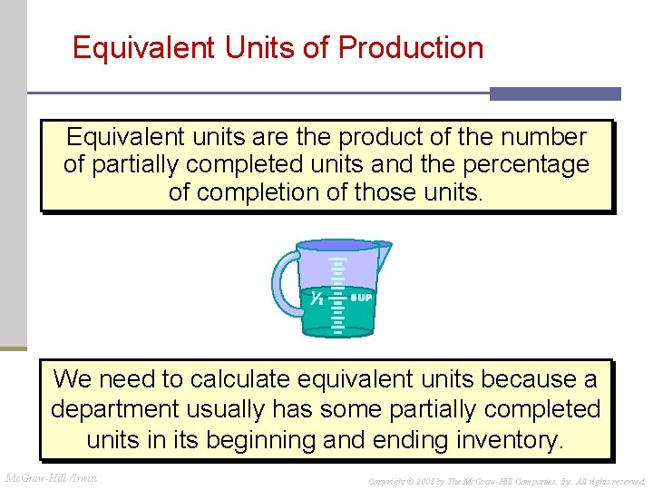 Equivalent Units of Production Equivalent units are the product of the number of partially Equivalent Units of Production Equivalent units are the product of the number of partially