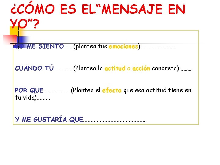 ¿CÓMO ES EL“MENSAJE EN YO”? YO ME SIENTO. . . (plantea tus emociones). .