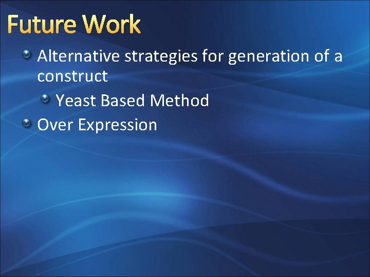 Future Work Alternative strategies for generation of a construct Yeast Based Method Over Expression