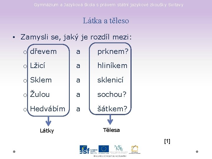Gymnázium a Jazyková škola s právem státní jazykové zkoušky Svitavy Látka a těleso •