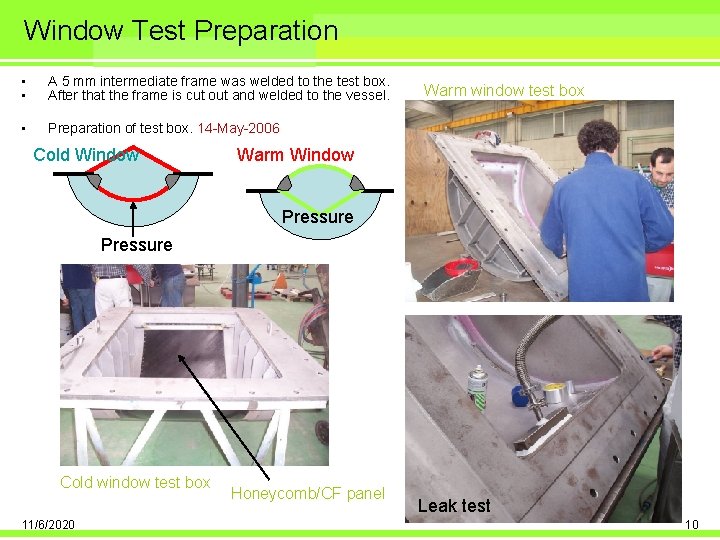 Window Test Preparation • • A 5 mm intermediate frame was welded to the