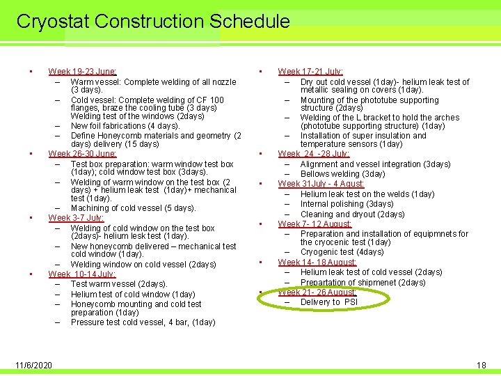 Cryostat Construction Schedule • • Week 19 -23 June: – Warm vessel: Complete welding