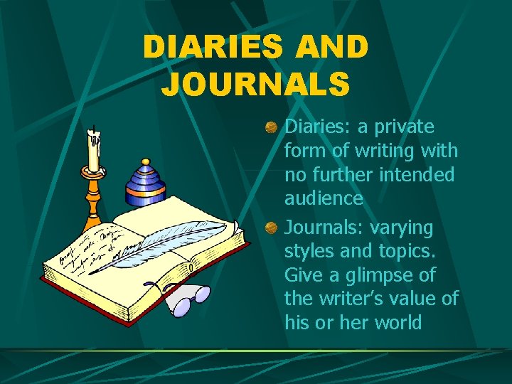 DIARIES AND JOURNALS Diaries: a private form of writing with no further intended audience