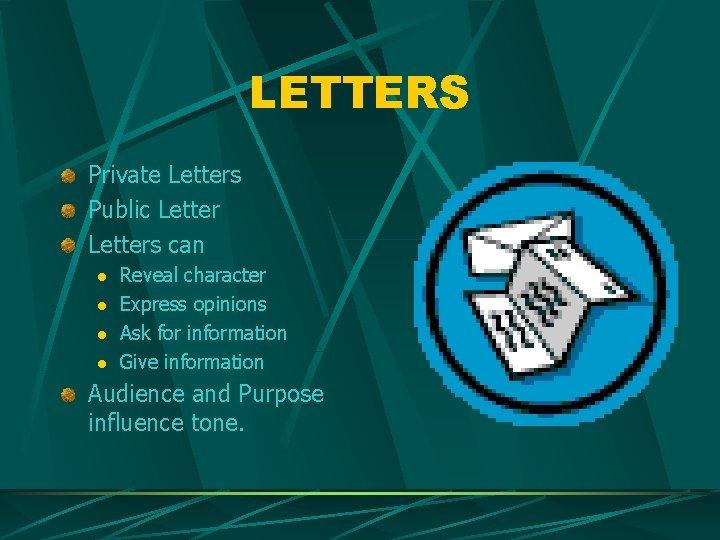 LETTERS Private Letters Public Letters can l l Reveal character Express opinions Ask for