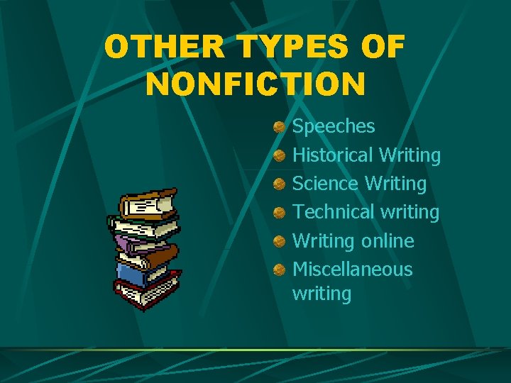 OTHER TYPES OF NONFICTION Speeches Historical Writing Science Writing Technical writing Writing online Miscellaneous