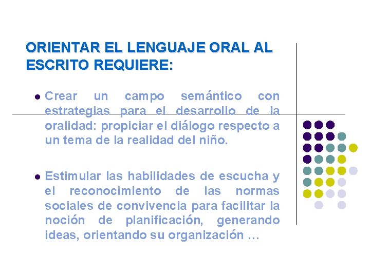 ORIENTAR EL LENGUAJE ORAL AL ESCRITO REQUIERE: Crear un campo semántico con estrategias para ORIENTAR EL LENGUAJE ORAL AL ESCRITO REQUIERE: Crear un campo semántico con estrategias para