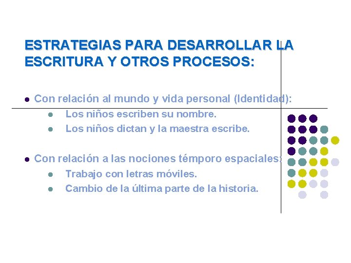 ESTRATEGIAS PARA DESARROLLAR LA ESCRITURA Y OTROS PROCESOS: Con relación al mundo y vida ESTRATEGIAS PARA DESARROLLAR LA ESCRITURA Y OTROS PROCESOS: Con relación al mundo y vida