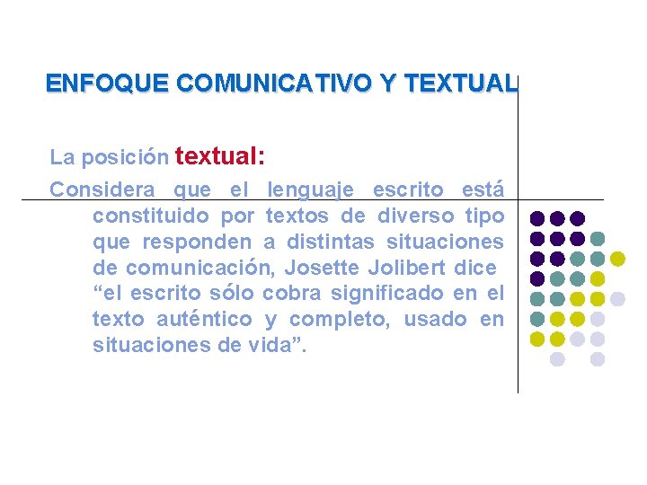 ENFOQUE COMUNICATIVO Y TEXTUAL La posición textual: Considera que el lenguaje escrito está constituido ENFOQUE COMUNICATIVO Y TEXTUAL La posición textual: Considera que el lenguaje escrito está constituido