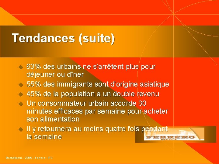 Tendances (suite) u u u 63% des urbains ne s’arrêtent plus pour déjeuner ou